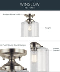 Winslow 8.5 Inch Brushed Nickel Semi Flush Mount Light With Clear Seeded Glass, 1-Light Feature Display