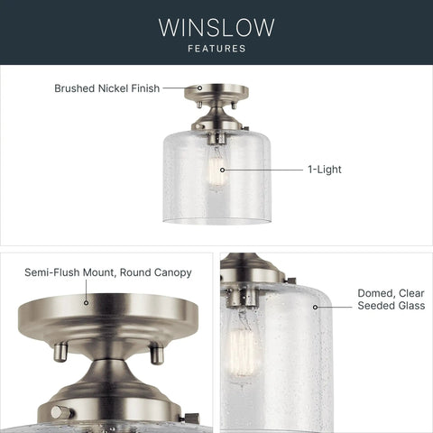 Winslow 8.5 Inch Brushed Nickel Semi Flush Mount Light With Clear Seeded Glass, 1-Light Feature Display