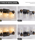 Rustic Farmhouse Vanity Lights With Hand Polished Wood And Black Metal Clear Glass Shade 3 Light Wall Sconce For Bathroom Over Mirror Cozy Vibe For Bedroom Living Room Hallway showing two installation options with lights on and off in different orientations.