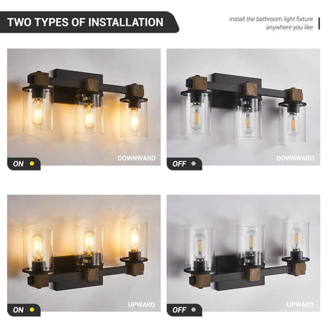 Rustic Farmhouse Vanity Lights With Hand Polished Wood And Black Metal Clear Glass Shade 3 Light Wall Sconce For Bathroom Over Mirror Cozy Vibe For Bedroom Living Room Hallway showing two installation options with lights on and off in different orientations.