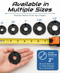 Drop The Mic 5 Pack 2 Inch Router Table Insert Rings Ultra Premium Abs Construction Fast Mount For Sears Craftsman Workbenches Dope Woodshop Gear Black shown in multiple sizes with measuring tape.
