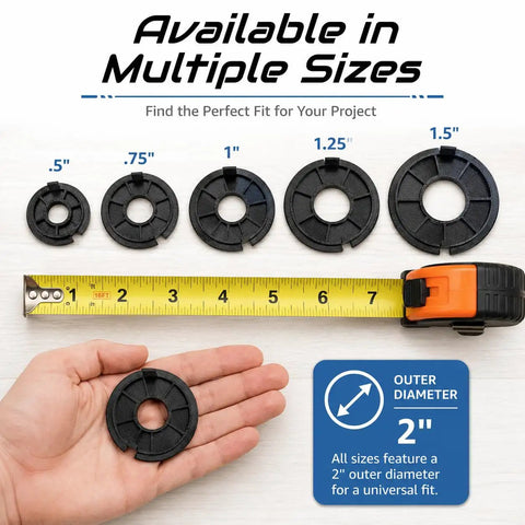 Drop The Mic 5 Pack 2 Inch Router Table Insert Rings Ultra Premium Abs Construction Fast Mount For Sears Craftsman Workbenches Dope Woodshop Gear Black shown in multiple sizes with measuring tape.