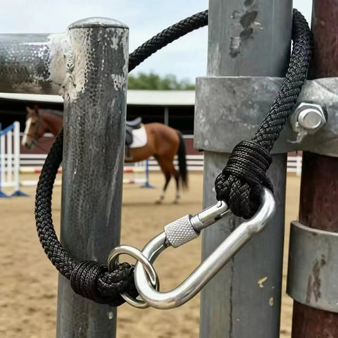 Straight Up Heavy Duty Horse Gate Latch With Rust Resistant Nylon Steel Tie Rope attached to a fence post with a carabiner.