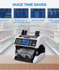 Dual Sensor Multicurrency Money Counter With Led Screen And Auto Stop For Usd And Euro Bills Featuring Magnetic And Infrared Sensors on a retail counter.