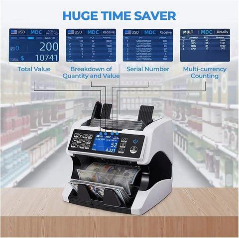 Dual Sensor Multicurrency Money Counter With Led Screen And Auto Stop For Usd And Euro Bills Featuring Magnetic And Infrared Sensors on a retail counter.