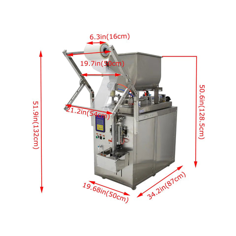 Automatic Quantitative Filling And Sealing Machine Packs 10 To 100 Ml With Slick Horizontal Mixing Hopper and Plug And Play Commercial Stainless Steel Build display with dimensions.