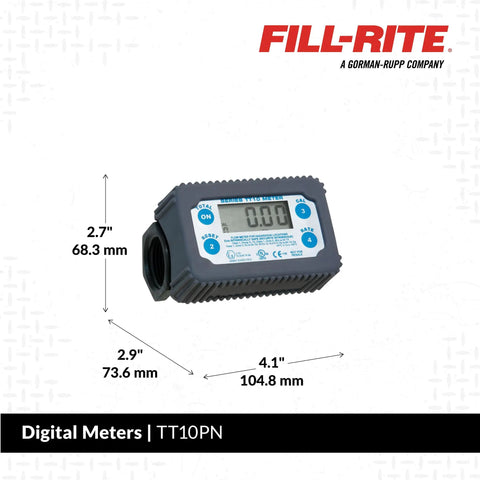 TT10PN 1 Inch Digital Inline Turbine Chemical Transfer Meter with 2 to 35 GPM flow, polymer body, 4-digit readout, NPT threads.