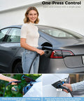 Woman using Portable Level 1 And 2 Tesla Charger With ETL Certification, NACS EV Charging Cable for a Model 3.
