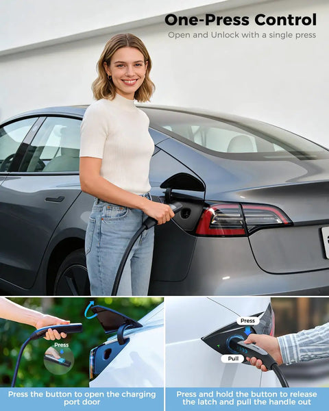 Woman using Portable Level 1 And 2 Tesla Charger With ETL Certification, NACS EV Charging Cable for a Model 3.