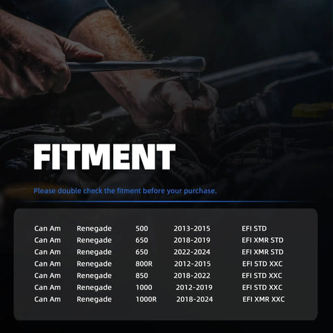 Mechanic using wrench with fitment chart for Fuel Pump Replacement For Outlander 500 650 800R 850 1000 1000R 2013-2024 EFI models.