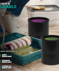 Two black plastic 1 quart paint cans with green and purple paint next to paint tray in use, featuring 1 Quart Plastic Paint Buckets Pack Of 6 With Triple Lock Airtight Seal To Minimize Skimming, Rust Proof, Odor And Chemical Resistant, Leakproof All Plastic 32 Oz Paint Cans With Snap On Lids, Great For Water Based Latex Paint