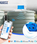 Blue Ultrasonic Water Level Sensor With WiFi, IP66 Tank Monitoring For 0-4M Range shown installed on a tank with smartphone app control.