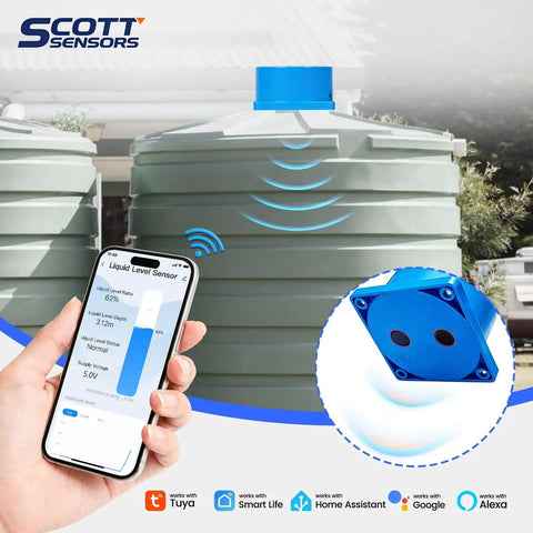 Blue Ultrasonic Water Level Sensor With WiFi, IP66 Tank Monitoring For 0-4M Range shown installed on a tank with smartphone app control.