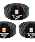 Heavy Duty Split Wire Loom Tubing Bundle, Dress 1/4 To 3/4 Inch Cables With Ease, Includes Three 20 Foot Sections For 60 Feet Total, Black Polyethylene Conduit For Auto Rigs Or Marine Boats, No Brainer Install - 1/4, 1/2, 3/4 inch split loom tubing rolls.