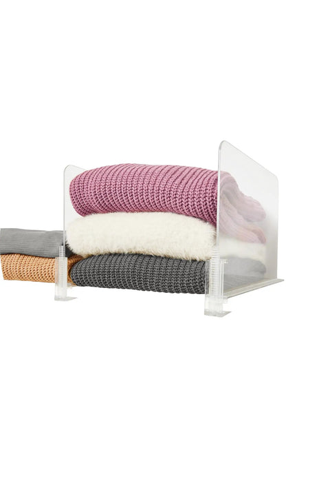 Acrylic Closet Shelf Dividers 8 Pack Clear Organizer with sweaters stacked inside for neat and accessible closet storage.