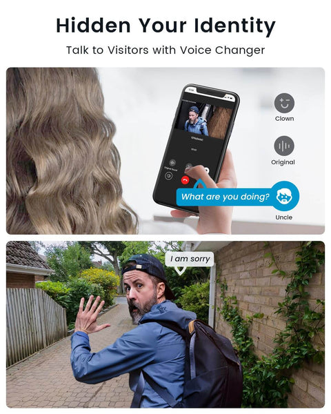 Person using a smartphone to access Wireless 2K Doorbell Camera With No Monthly Fees, Voice Changer feature shown