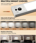 Control panel and brightness levels of 10 Inch Under Cabinet Lighting No Fuss With Motion Sensor LED Lights For Kitchen Pantry And Stairs USB Rechargeable 2400mAh Dimmable Magnetic Wireless Under Counter Lamps 2 Pack