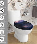 Elongated Resin Toilet Seat for Bathroom on a modern toilet with a scenic design, fits most toilets, easy to clean.