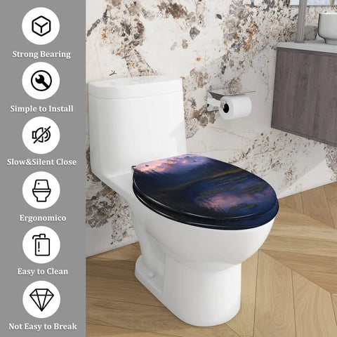 Elongated Resin Toilet Seat for Bathroom on a modern toilet with a scenic design, fits most toilets, easy to clean.