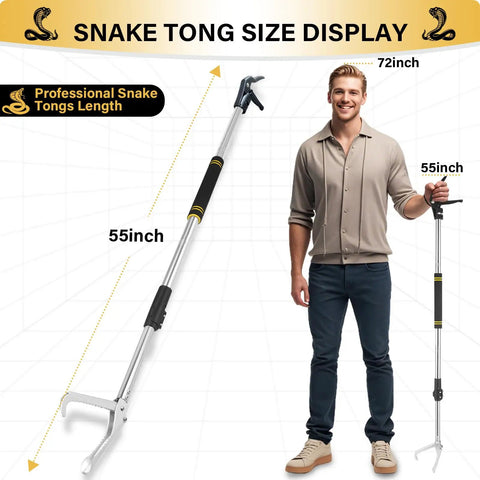 55 Inch Snake Grabber Tool With Long Reach Heavy Duty Folding Snake Tongs Wide Jaw Handling Tool For Rattlesnakes Pro Grade Stainless Steel Tube Safe Distance Catcher Black Yellow