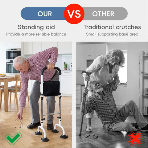 Man using Stand Assist Aid For Elderly With Adjustable Height, night light, two bases, and grab bar versus traditional crutches comparison.