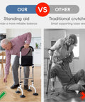 Comparison of Quad Cane Standing Aid For Seniors, 5 Height Adjustable Grab Rail with traditional crutches, highlighting stable mobility aid.