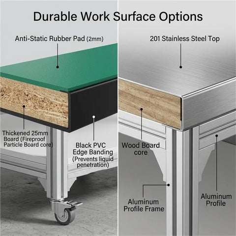 Industrial Anti Static Mobile Workbench Aluminum Utility Cart With 150X80cm Desktop Built Like A Tank showing anti-static rubber pad and stainless steel top.