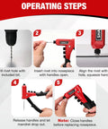 Instructional steps for using the One Handed Rivet Gun Kit With 200 Pop Rivets and 4 Interchangeable Nosepieces 4 HSS Drill Bits Carrying Case For Auto Body Furniture And Sheet Metal Repair DIY Friendly Pro Grade