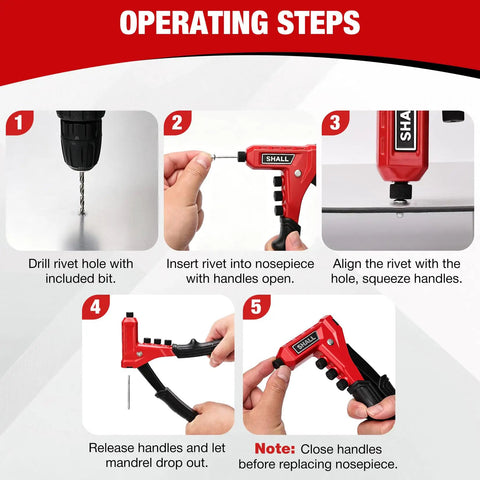 Instructional steps for using the One Handed Rivet Gun Kit With 200 Pop Rivets and 4 Interchangeable Nosepieces 4 HSS Drill Bits Carrying Case For Auto Body Furniture And Sheet Metal Repair DIY Friendly Pro Grade