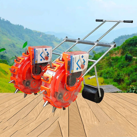 Manual Seed Planter Hand Push Double Row Seeder For Garden Use Roller Seed And Fertilizer Applicator in outdoor setting