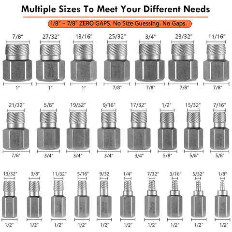 25 Piece Pro Grade Screw Extractor Set With Hex Head Multi-Spline Easy Out Bolt Remover Tool Heavy Duty Cr-Mo Steel EZ Out For Removing Stripped Broken Rusted Bolts And Screws Ideal Fathers Day Gift displayed in multiple sizes.