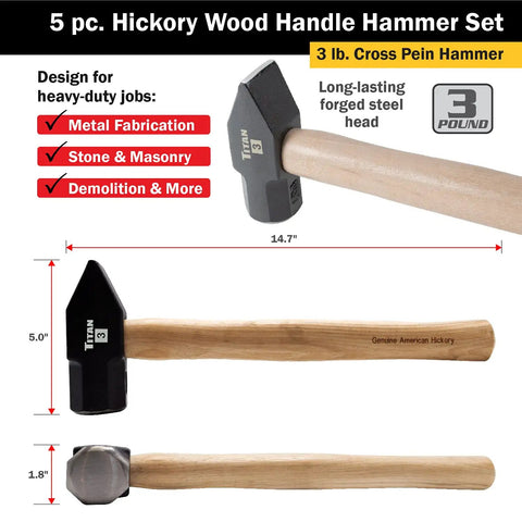 3lb cross pein hammer from 5-Piece Hammer Set With American Hickory Handles And Forged Steel Heads, heavy-duty build visible