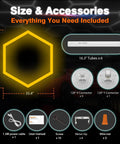 Multi Color Hexagon Garage Lights With 3 Level Dimmable Brightness Plug And Play Hex Ceiling And Wall Light For Garage Workshop Gym And Game Room Orange Easy Install Buy Now, showing size and accessories included.