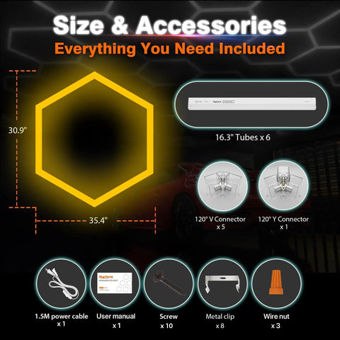 Multi Color Hexagon Garage Lights With 3 Level Dimmable Brightness Plug And Play Hex Ceiling And Wall Light For Garage Workshop Gym And Game Room Orange Easy Install Buy Now, showing size and accessories included.