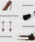 Two Pack Coffee Grinder Cleaning Brush With Natural Walnut Wood Handle And Black Boar Bristle For Grinders Espresso Machines Barista Tools Hanging Loop, close-up of handle, bristles, and usage.
