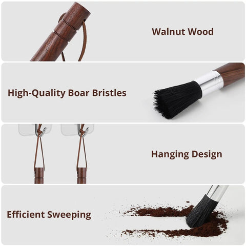 Two Pack Coffee Grinder Cleaning Brush With Natural Walnut Wood Handle And Black Boar Bristle For Grinders Espresso Machines Barista Tools Hanging Loop, close-up of handle, bristles, and usage.