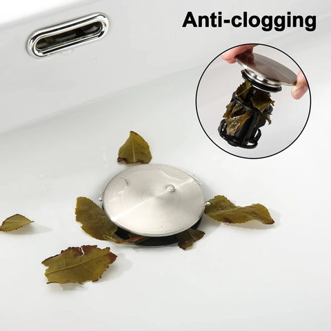 Pop Up Bathroom Sink Drain With Overflow For Vessel Sinks, Push Type Stopper, Brushed Nickel Vanity Assembly With Strainer in sink with leaves