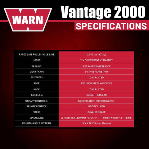 Specifications of Vantage 2000 12V DC Electric Winch for ATVs and UTVs with 2000 lb pull 55 ft steel wire rope displayed