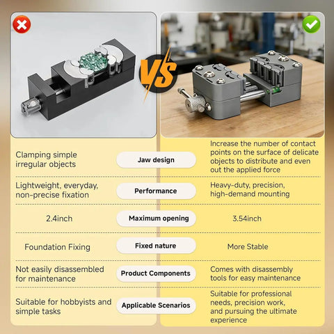 Comparison of upgraded eight jaw mini fractal vise with 90mm wide opening and self adjusting jaws for delicate jewelry and irregular parts.