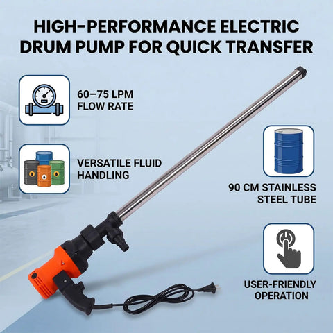 Garosa Handheld Electric Drum Pump With 35 Inch Stainless Steel Tube For Quick Fuel Transfer. Perfect For Moving Kerosene, Water, Or Diesel From Standard Fifty Five Gallon Barrels. Compact, Portable Gear Pump Design That Works Great In Your Garage Or