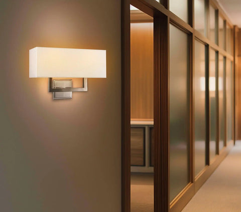 Haven 16 Inch 2 Light Totally Chic Modern Wall Sconce With White Fabric Shade For Bathrooms And Hallways Mid Century Rectangular Silver Wall Light In Brushed Nickel Finish