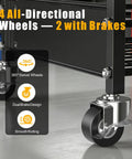 Close-up of Heavy Duty 3 Tier Metal Utility Cart With Locking Casters displaying wheels and dual brake design for smooth rolling