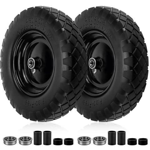 Two Pack 4.80/4.00-8 Tire And Wheel Set For Wheelbarrows Garden Trolleys And Wagons 16 Inch Solid Flat Free Replacement Wheels