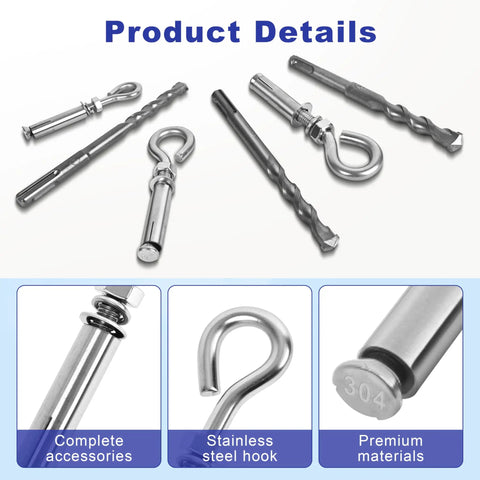 Heavy Duty Expansion Eye Bolts Four Pack With Drill Bit For Concrete Walls Built Tough As Nails Pro Grade Masonry Anchors showing 304 steel components and drill.