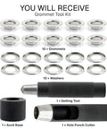 3/4 Inch Grommet Tool Kit with eyelet setter and hole punch cutter showing 10 durable grommets, washers, anvil base, and tools