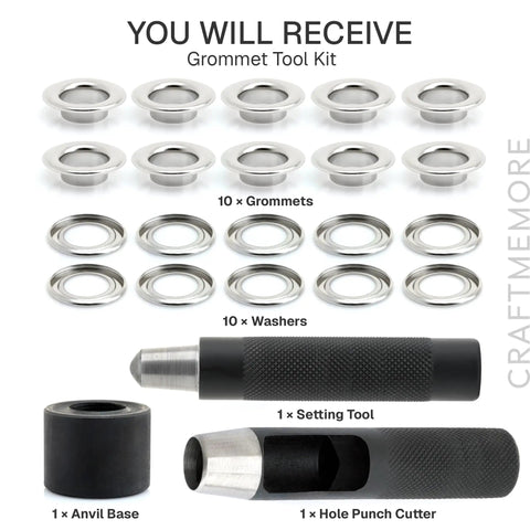 3/4 Inch Grommet Tool Kit with eyelet setter and hole punch cutter showing 10 durable grommets, washers, anvil base, and tools