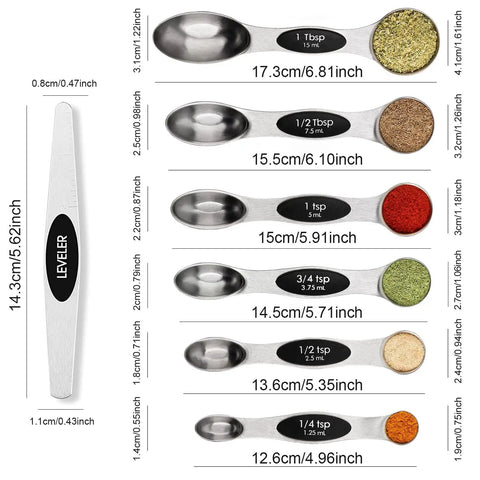 Magnetic Measuring Spoons Set Stainless Steel With Leveler Seven Piece Double Headed Spoons Stackable Must Have For Baking