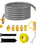 Three Eighths Inch ID Natural Gas Hose With Quick Connect For Low Pressure Propane To Natural Gas Conversion Kit Twelve Foot Fits Grills Ovens Heaters Fire Pits And Pizza Ovens with adapters and tools shown