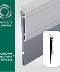 All-season door sweep, side view; heavy-duty aluminum and vinyl, 36-inch silver