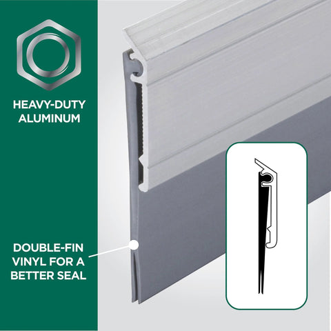 All-season door sweep, side view; heavy-duty aluminum and vinyl, 36-inch silver